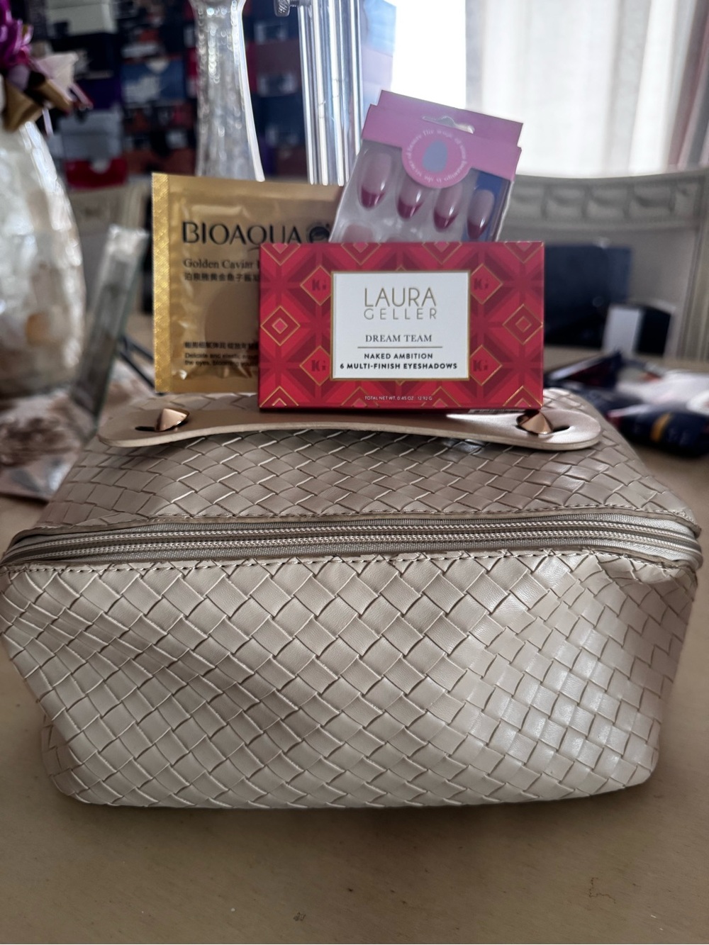 Laura Geller Woven Metallic Cosmetic Bag in Champagne Gold Bundle